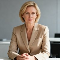 一位金发碧眼的40岁女性高管穿着米色西装外套，姿态专业自信